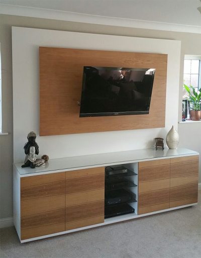 Bespoke media cabinet, in oak and painted finish