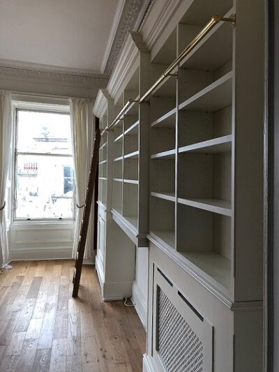 Bespoke extra large radiator bookcase with library ladder