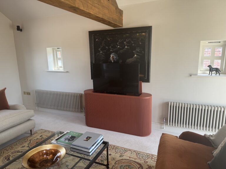 Curved, reeded tv lift cabinet