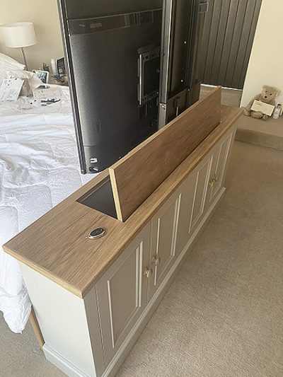 TV lift cabinet with oak top